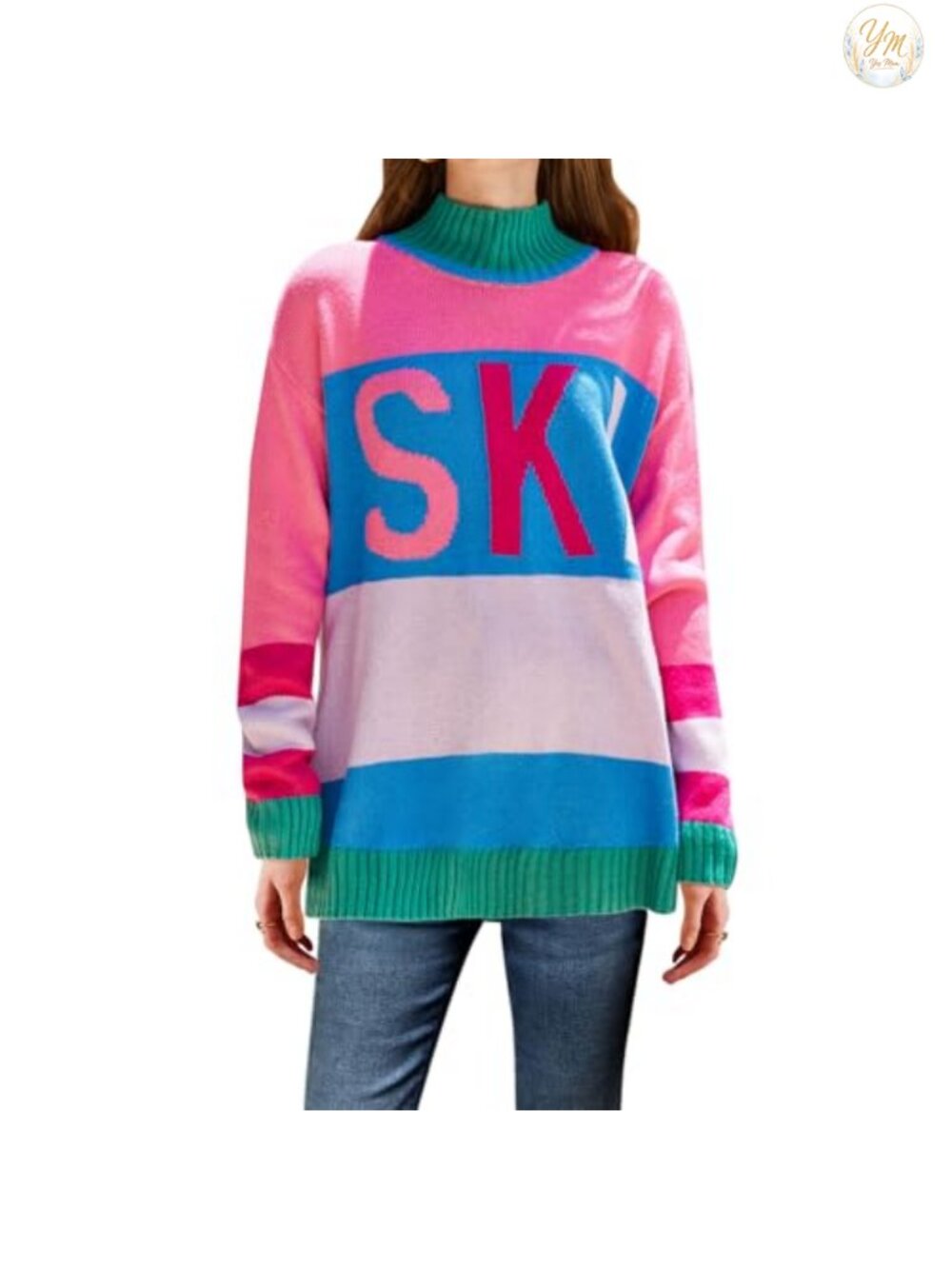 Womens Oversized Color Block Ski Sweater Crewneck Winter Pullover S-2XL